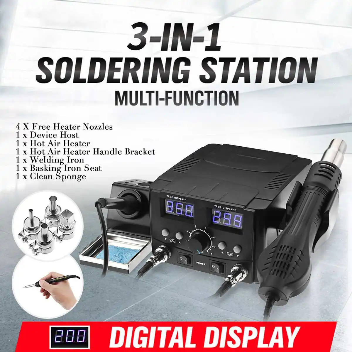 8582D Soldering Station 2 in 1 SMD Hot Air Soldering Iron Desoldeing Solder Digital Rework Station Motherboard Welding Tools
8582D Soldering Station 2 in 1 SMD Hot Air Soldering Iron Desoldeing Solder Digital Rework Station Motherboard Welding Tools