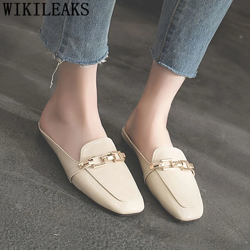 Patent Leather mules luxury shoes women designers brand ladies shoes slippers women slides woman shoes creepers sapato feminino