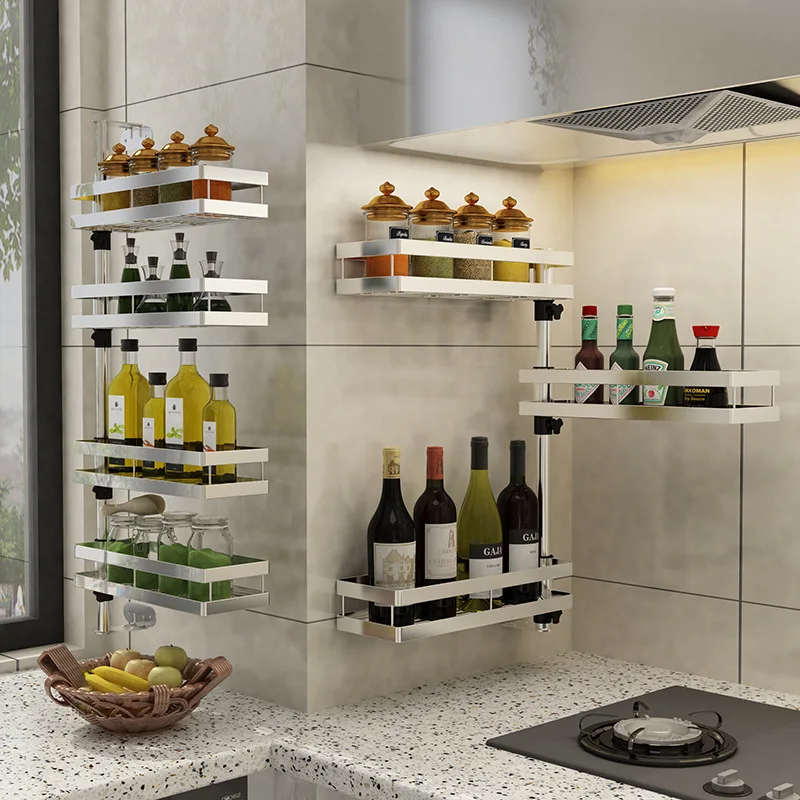 Non-punched kitchen rack wall hanging seasoning frame 304 stainless steel rotatable multi-layer angle frame can be customized
Non-punched kitchen rack wall hanging seasoning frame 304 stainless steel rotatable multi-layer angle frame can be customized