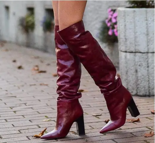 Cheap High Quality Woman Burgundy Leather Pointed Toe Rough Heels Slip On Fold Over The Knee High Heel Long Boots Big Size 43
Cheap High Quality Woman Burgundy Leather Pointed Toe Rough Heels Slip On Fold Over The Knee High Heel Long Boots Big Size 43