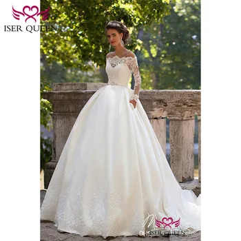 Boat Neck Long Sleeves Embroidered Lace on Net Sashes Ball Gown Wedding Dress with Button Back Design Illusion w0501 
Boat Neck Long Sleeves Embroidered Lace on Net Sashes Ball Gown Wedding Dress with Button Back Design Illusion w0501