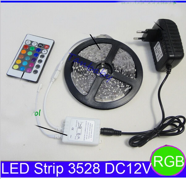 

LED Strip RGB 3528 5M 300LEDs Color Changing Flexible Strips Light Kit + 24 Keys IR Remote Controller + 12V 2A 24W Power Adapter