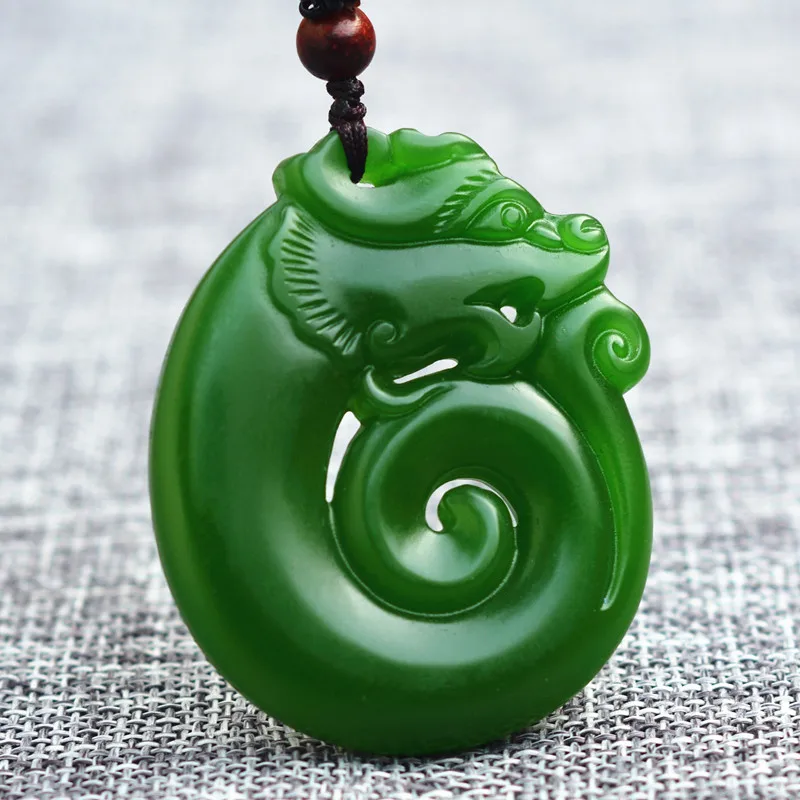 

Drop Shipping Green Jades Pendant Necklace Carved Double-sided Hollow-out Chinese dragon Fortune Amulet Women Fashion Jewelry