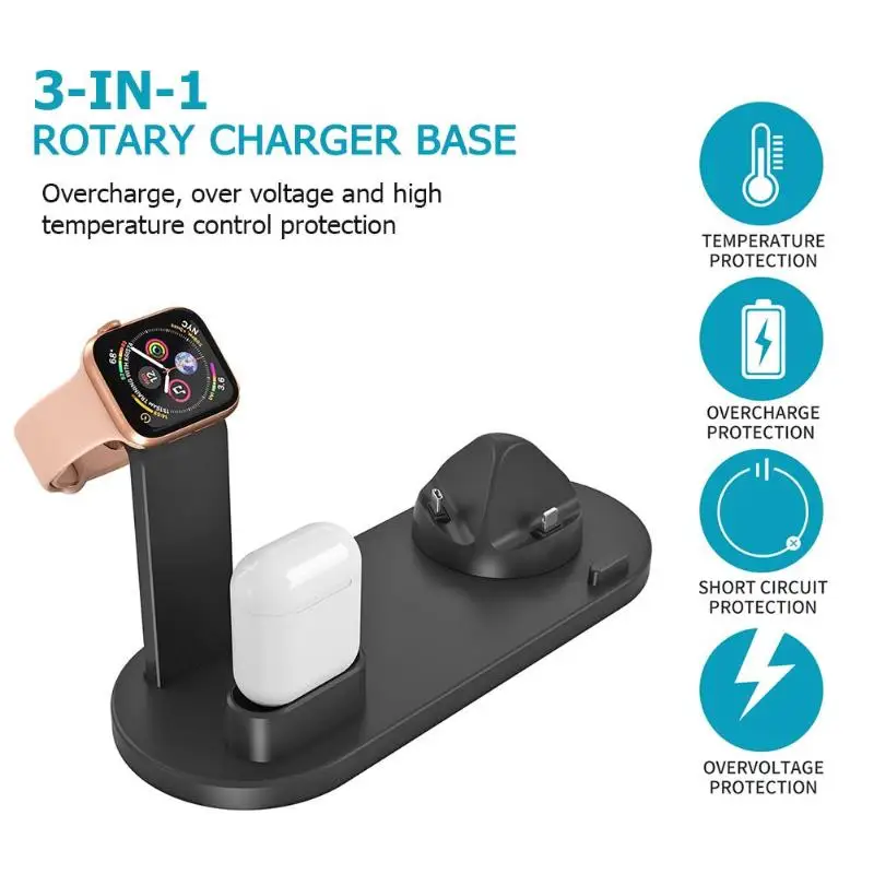 VODOOL 3 in 1 8Pin Micro USB Type-C Rotary Plug Charger Base Dock Station Stand Holder For iPhone iWatch Airpods Android Phones
VODOOL 3 in 1 8Pin Micro USB Type-C Rotary Plug Charger Base Dock Station Stand Holder For iPhone iWatch Airpods Android Phones