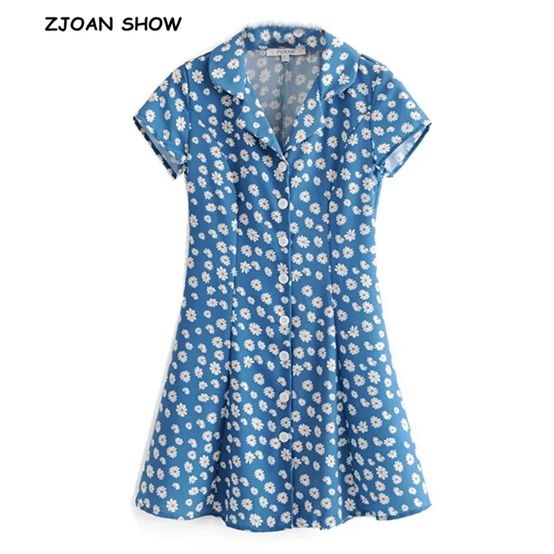 2019 French Blue Daisy Flower Single-breasted Buttons Short Dress Retro Notched Collar Short Sleeve Mini Dresses Femme Vestido
2019 French Blue Daisy Flower Single-breasted Buttons Short Dress Retro Notched Collar Short Sleeve Mini Dresses Femme Vestido