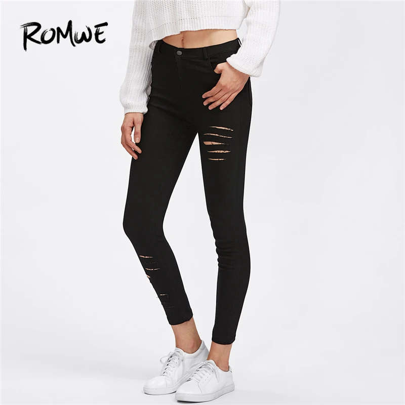 

ROMWE Rips Skinny Black Pants Women Autumn Plain Jeans Female Rock Spring Summer Mid Waist Crop Button Fly Skinny Trousers