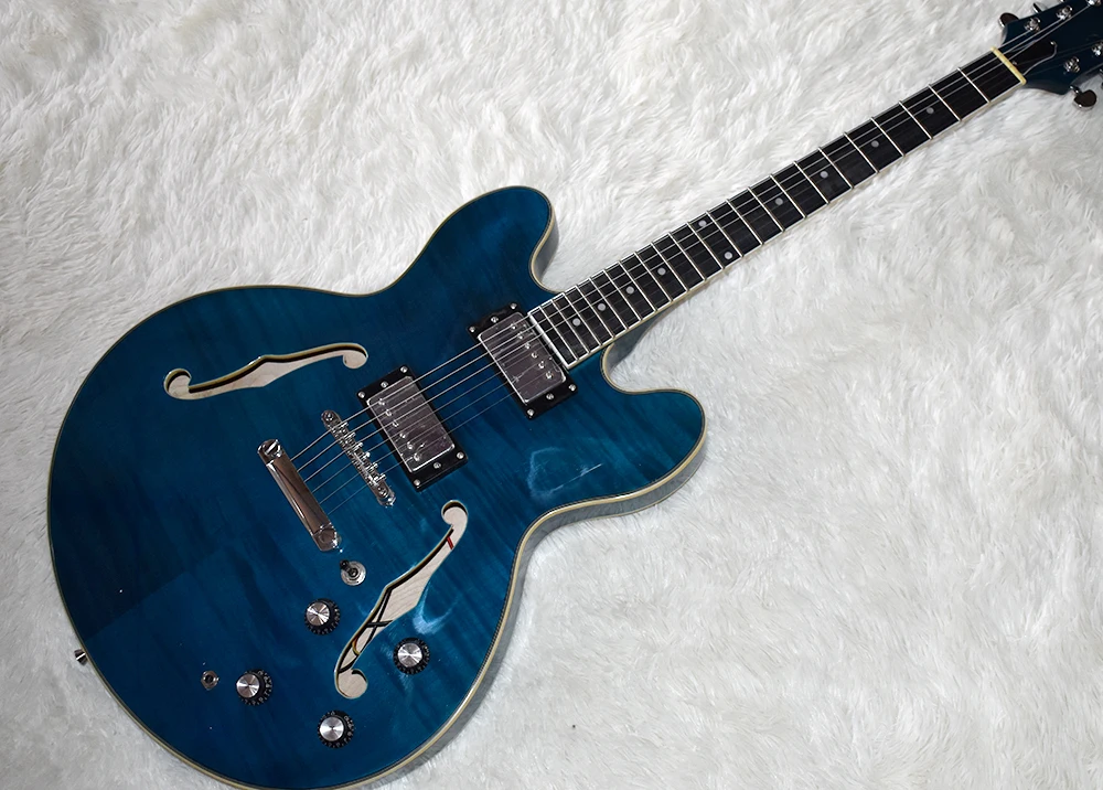 Factory Custom Semi-Hollw Blue Electric Guitar with Flame Maple Veneer,Dots Frets Inlay,Chrome Hardware,Can be Customized
Factory Custom Semi-Hollw Blue Electric Guitar with Flame Maple Veneer,Dots Frets Inlay,Chrome Hardware,Can be Customized
