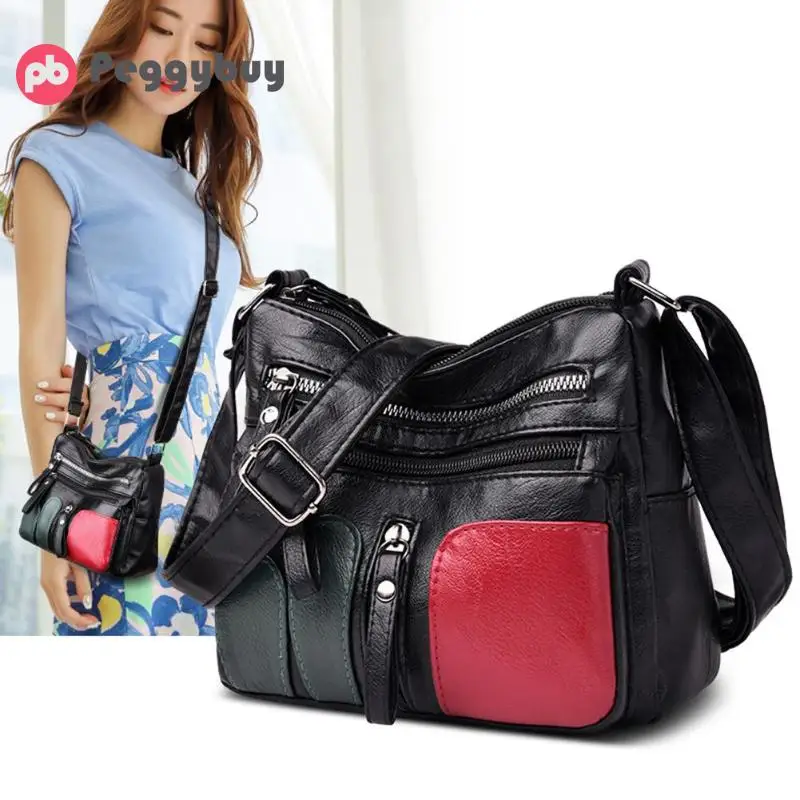 Fashion Women Crossbody Bag Black Soft Washed Leather Shoulder Bag Patchwork Messenger Bag Small Flap Bag for Girls sac a main Fashion Women Crossbody Bag Black Soft Washed Leather Shoulder Bag Patchwork Messenger Bag Small Flap Bag for Girls sac a main