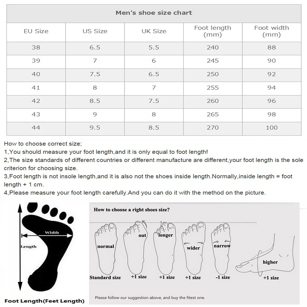 Men's shoe size chart