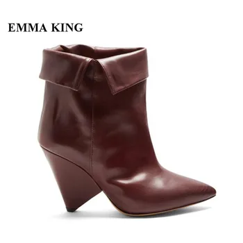 

EMMA KING 2018 Hot Sale Turned Over Edge Spike Heels Black Red Ankle Boots Women Sexy Pu Slip-on Ladies Stage Booties Plus Size