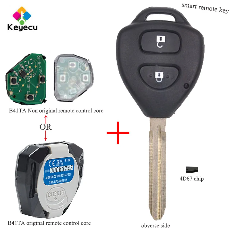 KEYECU Replacement Remote Key -2 Buttons 433MHz Frequency 4D67 Chip With B41TA Board - FOB for Toyota Hilux Vigo Tokai 2006-2011
KEYECU Replacement Remote Key -2 Buttons 433MHz Frequency 4D67 Chip With B41TA Board - FOB for Toyota Hilux Vigo Tokai 2006-2011