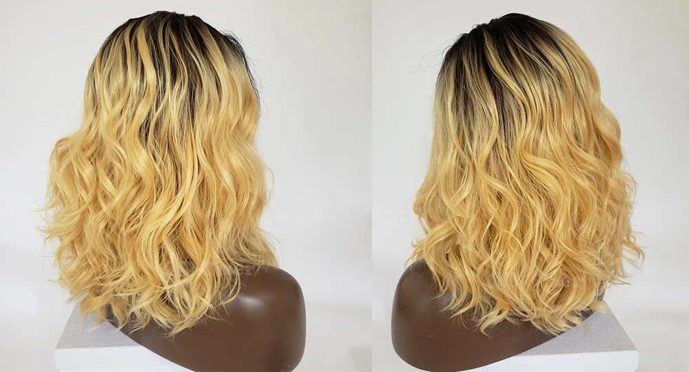 QD-Tizer BLonde Bob Hair Wig Short Wavy Synthetic Lace Front Wig Glueless Ombre Blonde Lace Front Wigs For Black Women 7