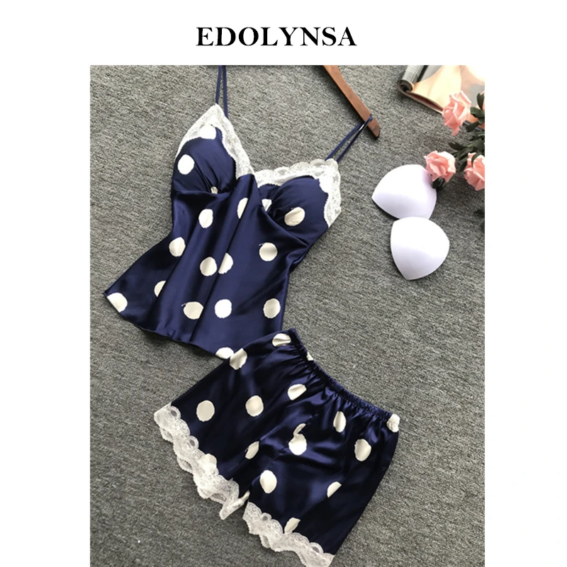 

2019 Polka Dot Printed Satin Short Pajamas Sets Twinset Sleepwear Women Night Wear Nighties Home Suit Pyjama Femme Ladies H867