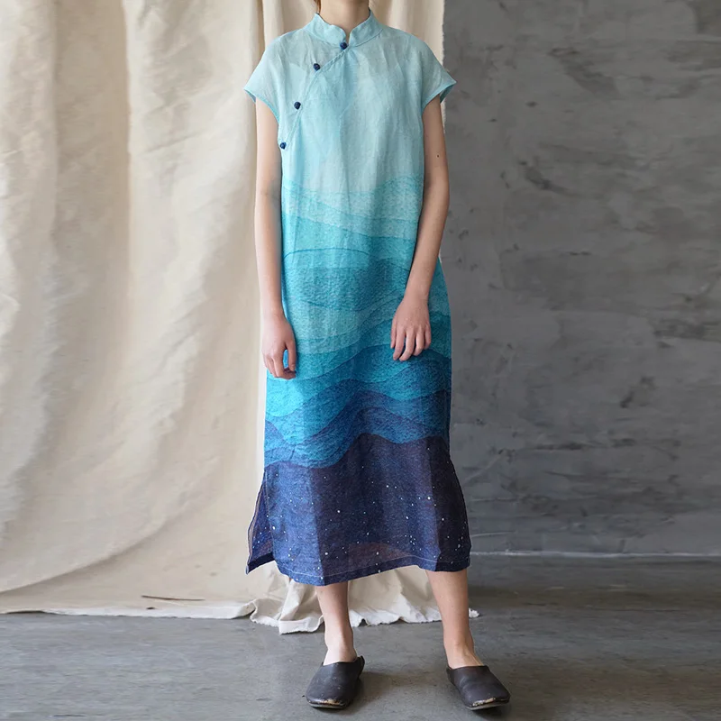 Women Stand Dress Button Short Sleeve Cheongsam Summer New Vintage Women Cloths Ramie High Quality Dress
Women Stand Dress Button Short Sleeve Cheongsam Summer New Vintage Women Cloths Ramie High Quality Dress