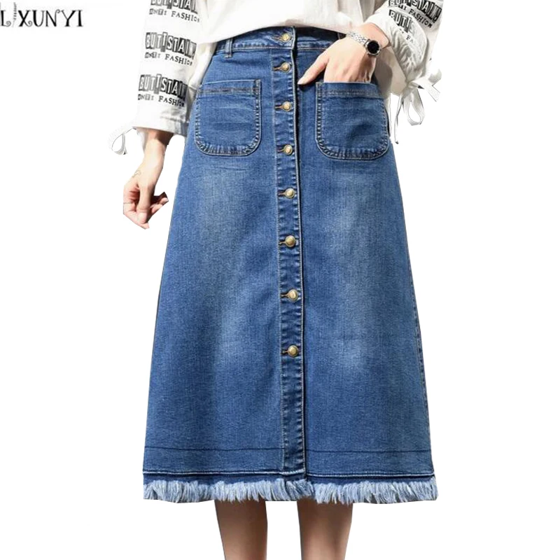 Image LXUNYI 7XL 8XL Tassels Women Denim Skirt 2017 Plus Size Thin Vintage High Waist  jean Skirts For Ladies Casual Long Denim Skirts