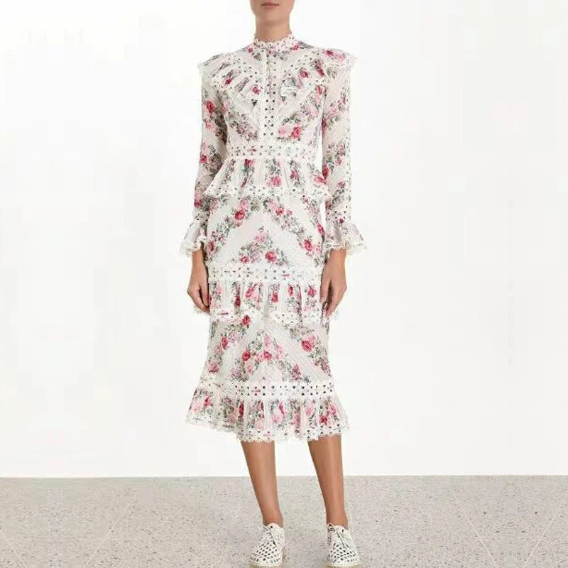 2019 Runway Designer Elegant Woman Maxi Dress Stand Collar High Waist Lace Ruffles Hollow Out Long Sleeve Trumpet Dress
2019 Runway Designer Elegant Woman Maxi Dress Stand Collar High Waist Lace Ruffles Hollow Out Long Sleeve Trumpet Dress
