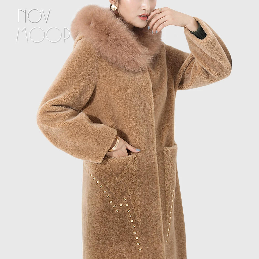 Women beige camel 100% wool sheepskin shearling coat real fox fur hooded long outwear windbreaker stud decor casacos LT2618
Women beige camel 100% wool sheepskin shearling coat real fox fur hooded long outwear windbreaker stud decor casacos LT2618