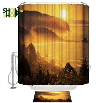 

Showhome Sunset Scenery Coastal Ocean Forest Bathroom Mat With Shower Curtain Shower Curtain Sets Waterproof Bathroom Fabric