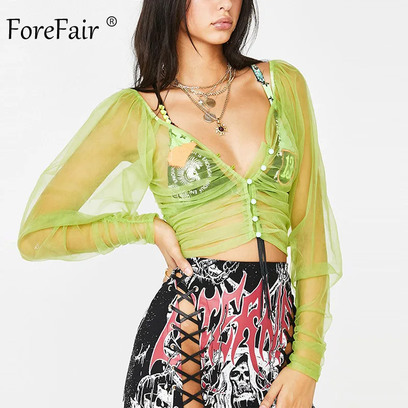 Forefair Summer Mesh Top Sexy Ruched Button Up Low Neck See Through Sheer Transparent Neon Green Long Sleeve Crop Women Tops
Forefair Summer Mesh Top Sexy Ruched Button Up Low Neck See Through Sheer Transparent Neon Green Long Sleeve Crop Women Tops