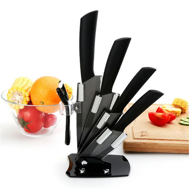 

D032 High quality brand black blade kicthen ceramic knife set 3" 4" 5" 6" inch + peeler +Acrylic Holder/stand Chef Kitchen knife