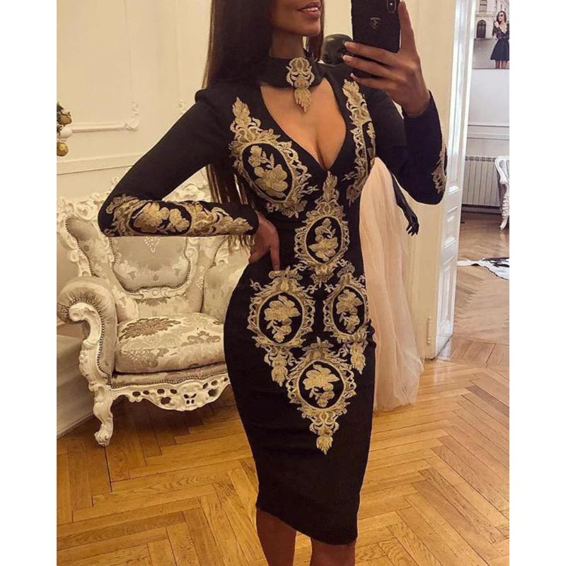 Vintage flower print black bodycon dress Women lon gsleeve slim fit sexy v neck party dress Long sleeve knee length vestidos
Vintage flower print black bodycon dress Women lon gsleeve slim fit sexy v neck party dress Long sleeve knee length vestidos