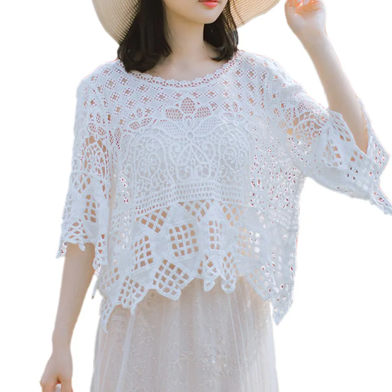 Vintage Bohemian Beach Hook Flower Hollow Out White Lace Shirt Loose Blouse Women Crop Tops Half Sleeve Sexy Blouses 2018
Vintage Bohemian Beach Hook Flower Hollow Out White Lace Shirt Loose Blouse Women Crop Tops Half Sleeve Sexy Blouses 2018