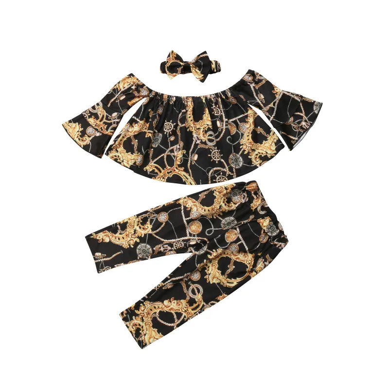 Fashion Kids Girl Clothes Off shoulder Flare Sleeve Crop Tops Long Pant Headband 3PCS Outfits Floral Clothing Set for 2-7Y Girls 
Fashion Kids Girl Clothes Off shoulder Flare Sleeve Crop Tops Long Pant Headband 3PCS Outfits Floral Clothing Set for 2-7Y Girls
