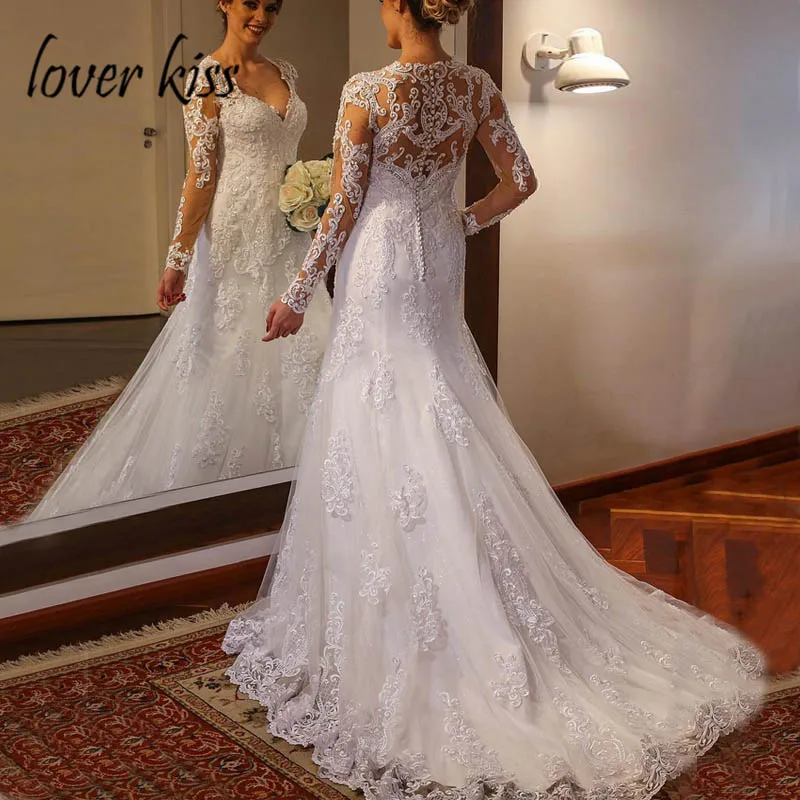 Lover Kiss Vestido De Noiva Sexy Deep V neck Long Sleeve Wedding Dress Mermaid Sequin Lace Trumpet Bridal Gowns Robe de mariee
Lover Kiss Vestido De Noiva Sexy Deep V neck Long Sleeve Wedding Dress Mermaid Sequin Lace Trumpet Bridal Gowns Robe de mariee