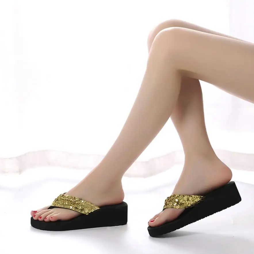 SAGACE Female Summer Korean version 2018 Fashion Sequin Anti-slip Wedge Flip-flops Indoor and outdoor Slippers Apr10 40 | Обувь