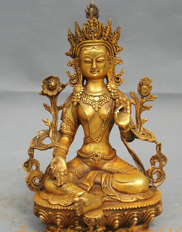 

8" Tibet Bronze Gilt Buddhism Joss Lotus Green Tara Buddha Goddess Seat Statue