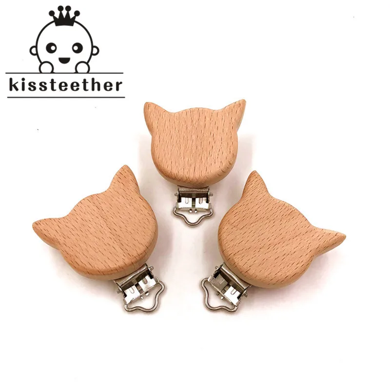 Wooden Cat Shaped Pacifier Clip Silicone Bead Baby clip teething Accessories Clasps Toy DIY Chain Tool | Мать и ребенок