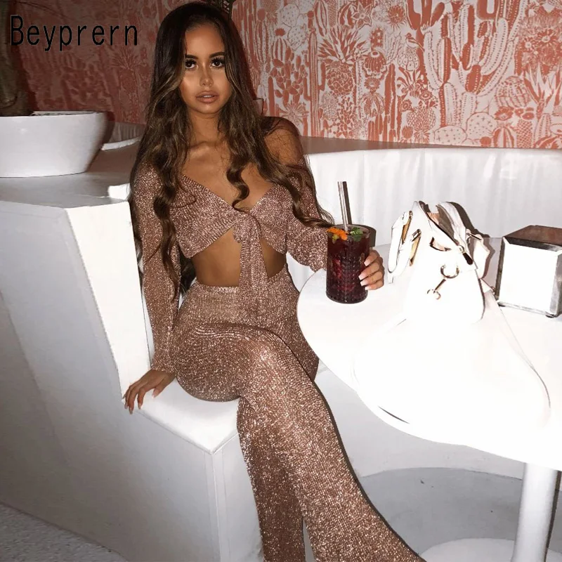 Beyprern Sheer Metallic Two Piece Pant Set Sexy See Through Long Sleeve Tie Front Crop Tops And High Waist Pants Suits Clubwears
Beyprern Sheer Metallic Two Piece Pant Set Sexy See Through Long Sleeve Tie Front Crop Tops And High Waist Pants Suits Clubwears