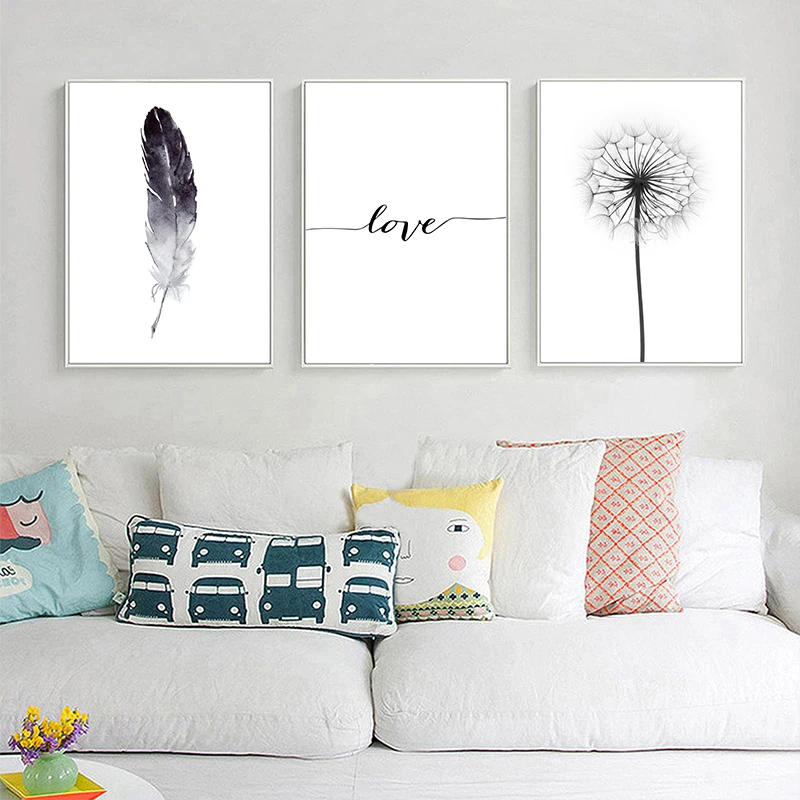 Black-and-White-Dandelion-Feathers-Poster-and-Print-Letter-Love-Wall-Art-Canvas-Painting-Home-Picture