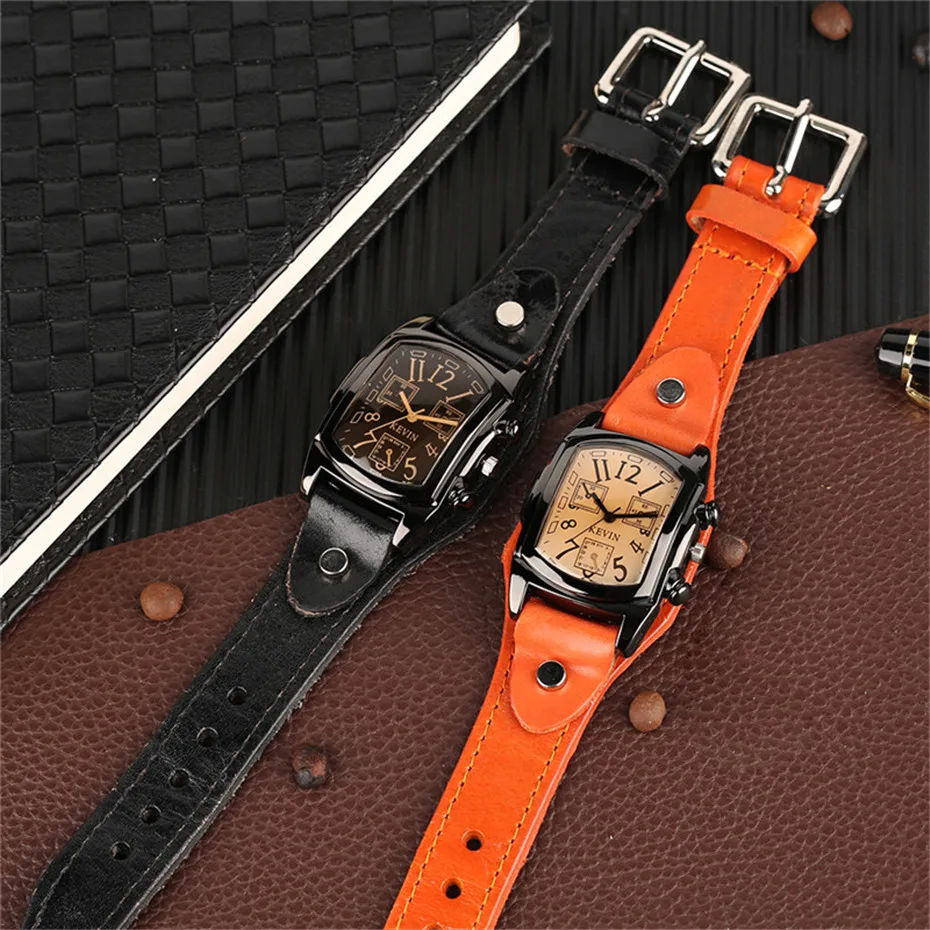 KEVIN Male Arabic Number Wrist Watch Sport Fashion Men Casual Cool Simple PU Leather Band Strap Gift Quartz Punk Rectangle Dial (22)