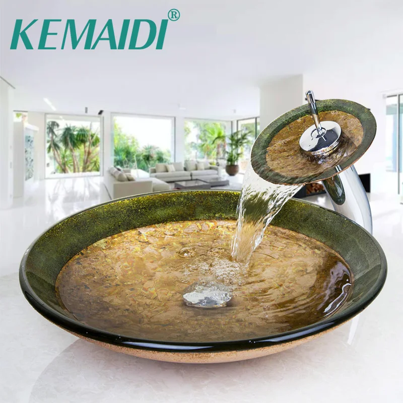 

KEMAIDI Bathroom Victory Vessel Washbasin Tempered Glass Sink With Chrome Waterfall Faucet Sets Countertop Basin Sinks W/Drian