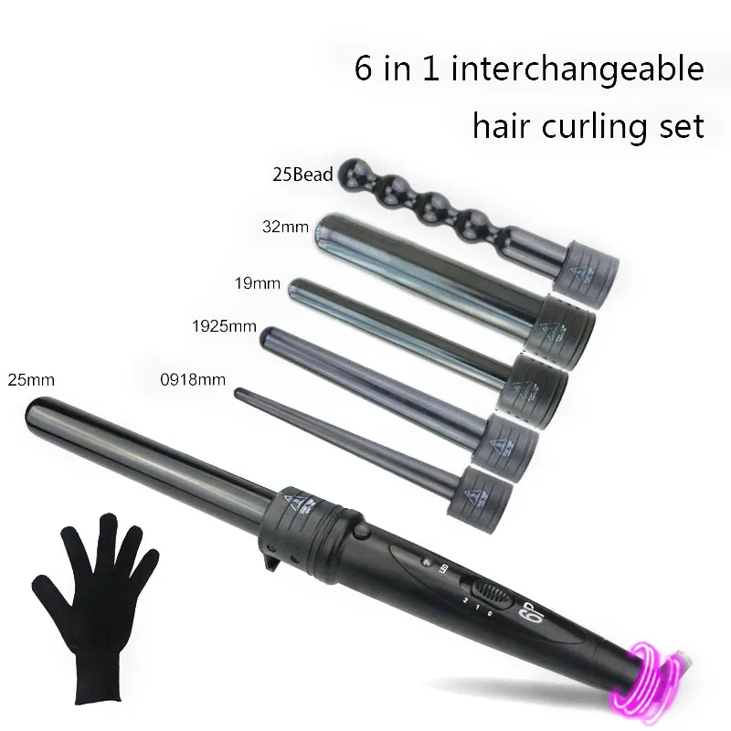 

6 in 1 Hair Curler Curling Wand Curling Iron Set with 6 Interchangeable Ceramic Barrels and Heat Resistant Glove 09-32mm