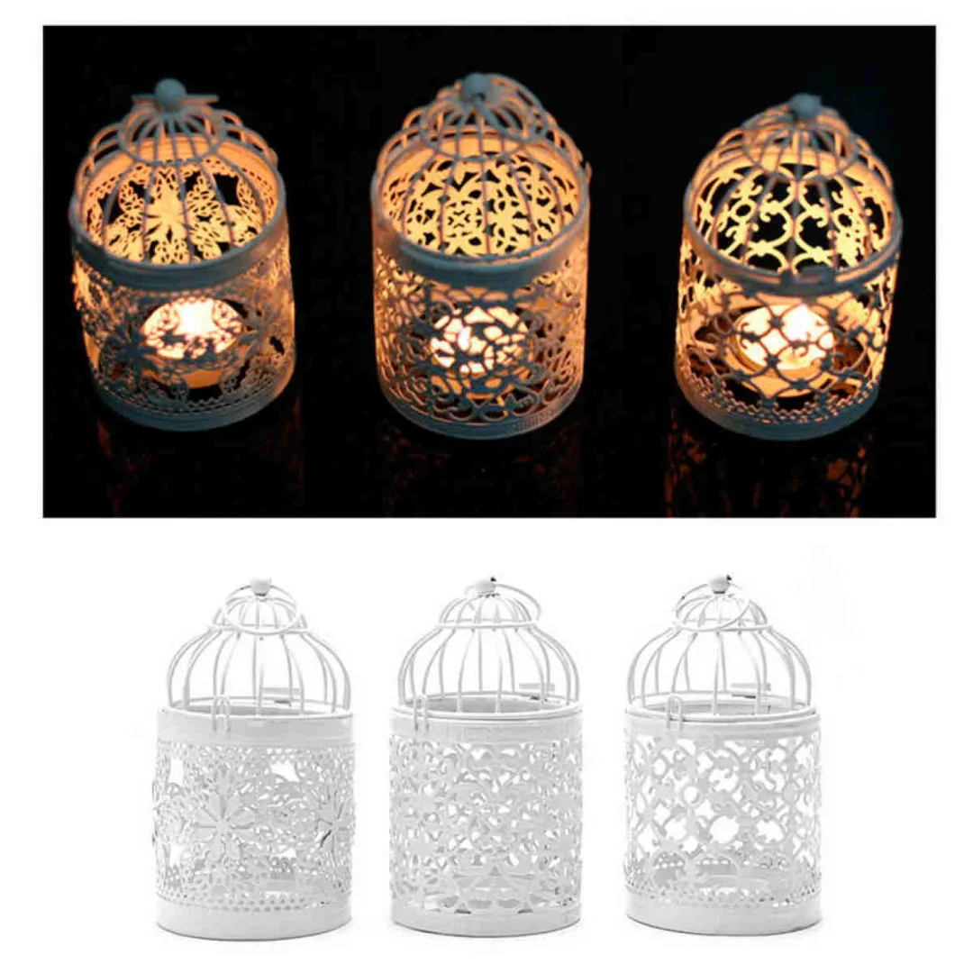 1pc Metal Hollow Candle Holder Tealight Candlestick Hanging Lantern Bird Cage White