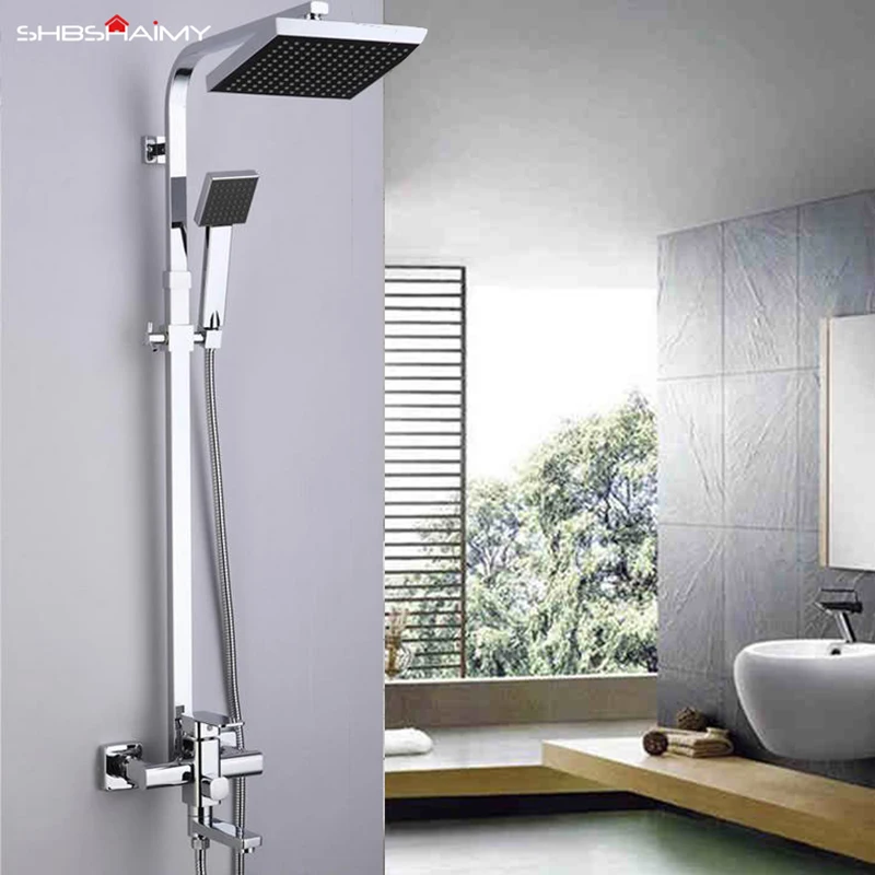 Chrome Finished Wall Mounted Bathroom Shower Faucet Copper Shower Column Square Shower Set 8" Shower Head