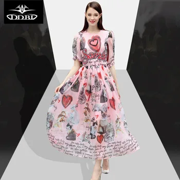 runway dresses 2017 women high quality love hearts and letters printed pink dress ankle length chiffon feminie dress 17509