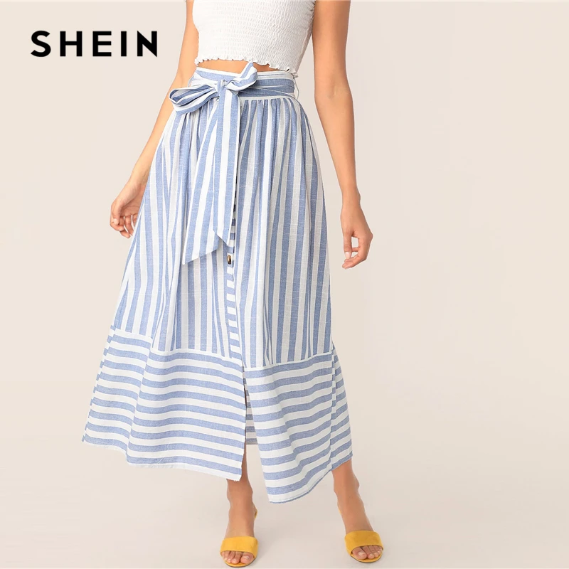 

SHEIN Boho Blue Buttoned Split Front Belted Mix Striped High Waist Skirts Womens Spring Elegant Casual Straight Long Skirt