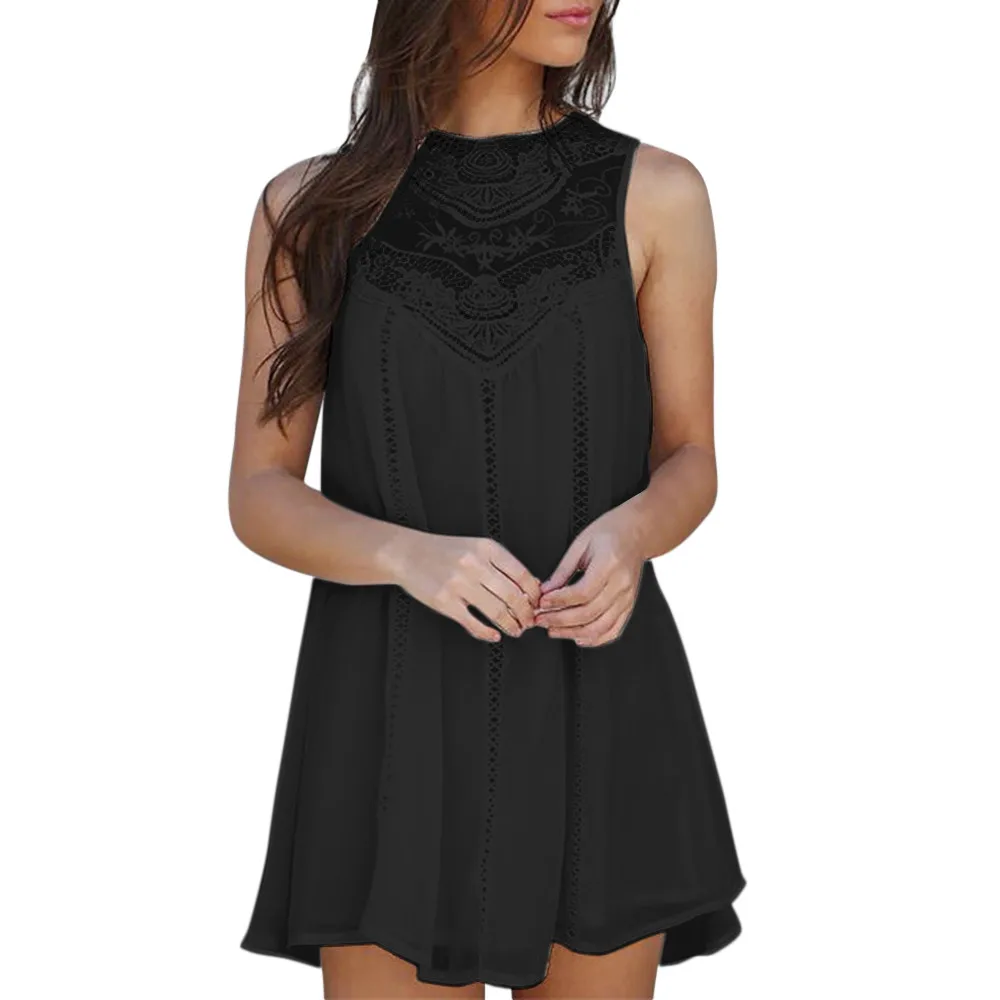 2019 Hot Women Casual Solid Lace Stitching O-Neck Sleeveless Chiffon Party Mini Dress Vestido de color liso Wd4
2019 Hot Women Casual Solid Lace Stitching O-Neck Sleeveless Chiffon Party Mini Dress Vestido de color liso Wd4
