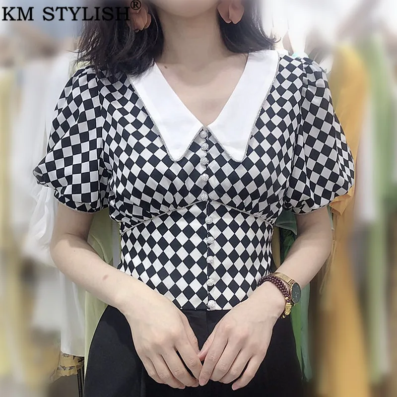 2019 Summer New Women's French Designer Rhinestone Covered Lantern Sleeve Doll Collar Black and White Plaid Chiffon Shirt Top
2019 Summer New Women's French Designer Rhinestone Covered Lantern Sleeve Doll Collar Black and White Plaid Chiffon Shirt Top