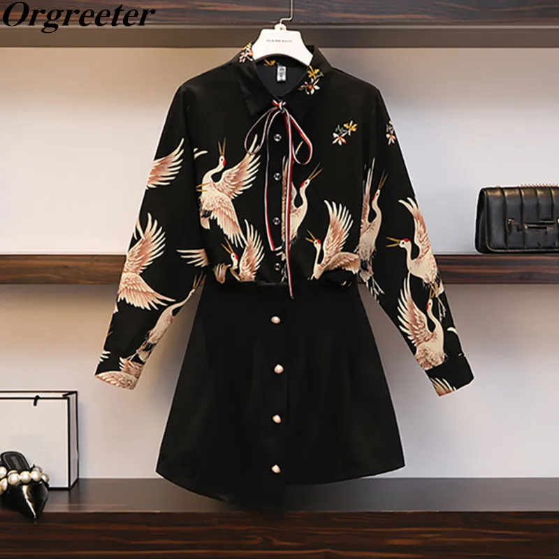 Plus size L-4XL 2019 New Spring Summer Women's Long Sleeve Crane Print Shirt Blouse + High Waist Irregular Skirt Two Piece Sets
Plus size L-4XL 2019 New Spring Summer Women's Long Sleeve Crane Print Shirt Blouse + High Waist Irregular Skirt Two Piece Sets