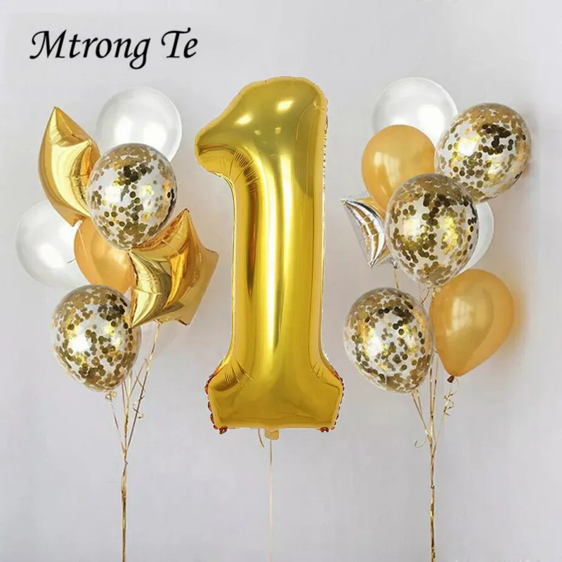 

1set gold silver black blue confetti Balloons 40 inch Number Balloon 1st Happy Birthday party 1 years old Baby shower Decoration