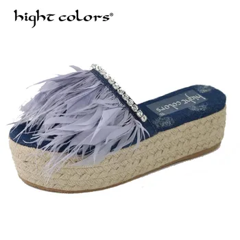 Thick bottom Slippers Female Summer 2019 New Crystal Blue denim Jean feather slippers Straw bottom Mules Platform Shoes Woman
Thick bottom Slippers Female Summer 2019 New Crystal Blue denim Jean feather slippers Straw bottom Mules Platform Shoes Woman