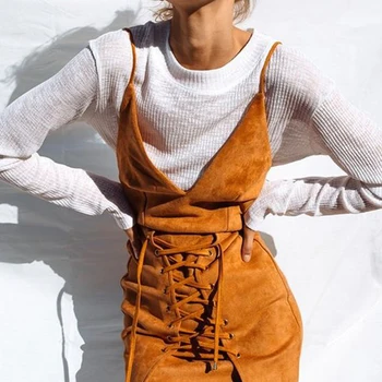 women suede lace up casual dress 2019 summer style sexy club party spaghetti strap V neck dress A490596 
women suede lace up casual dress 2019 summer style sexy club party spaghetti strap V neck dress A490596