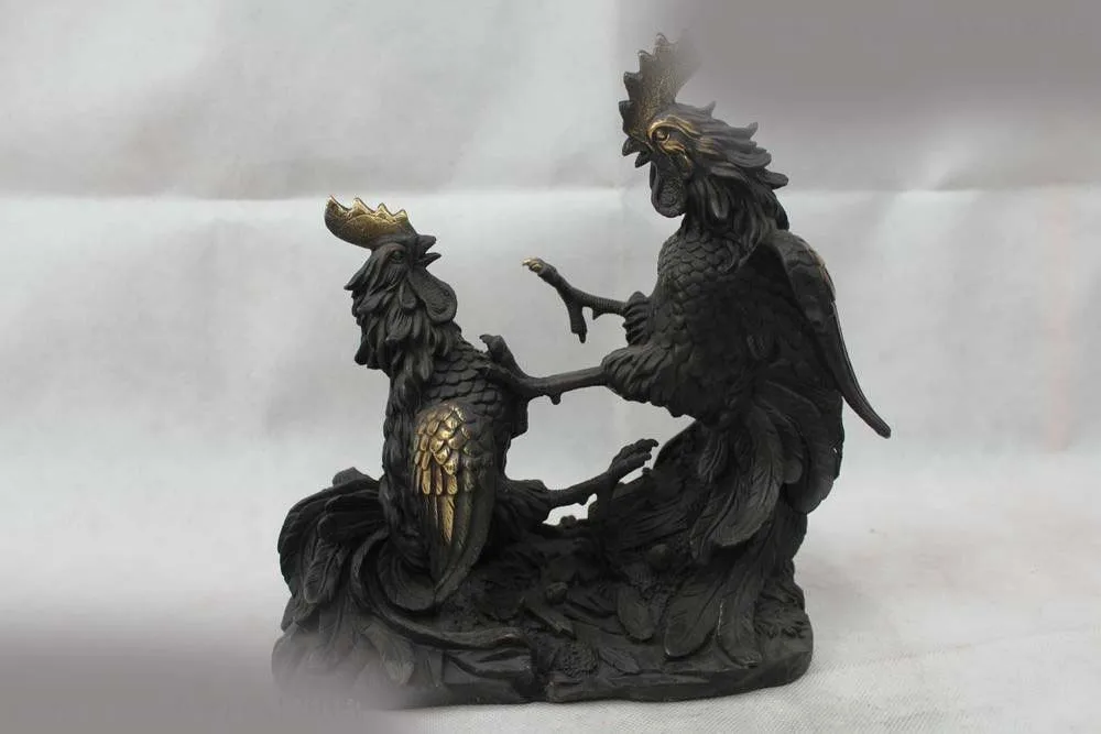 11"China Folk Feng Shui Copper Wealth Zodiac Year Two Rooster Cock fight Statue