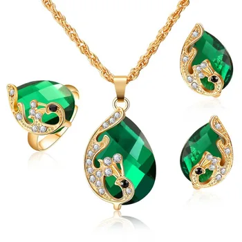 Hesiod Gold Color Peacock Jewelry Sets Rhinestone Crystal Pendant Necklaces Earrings Ring Sets Weding Bridal Jewelry Set