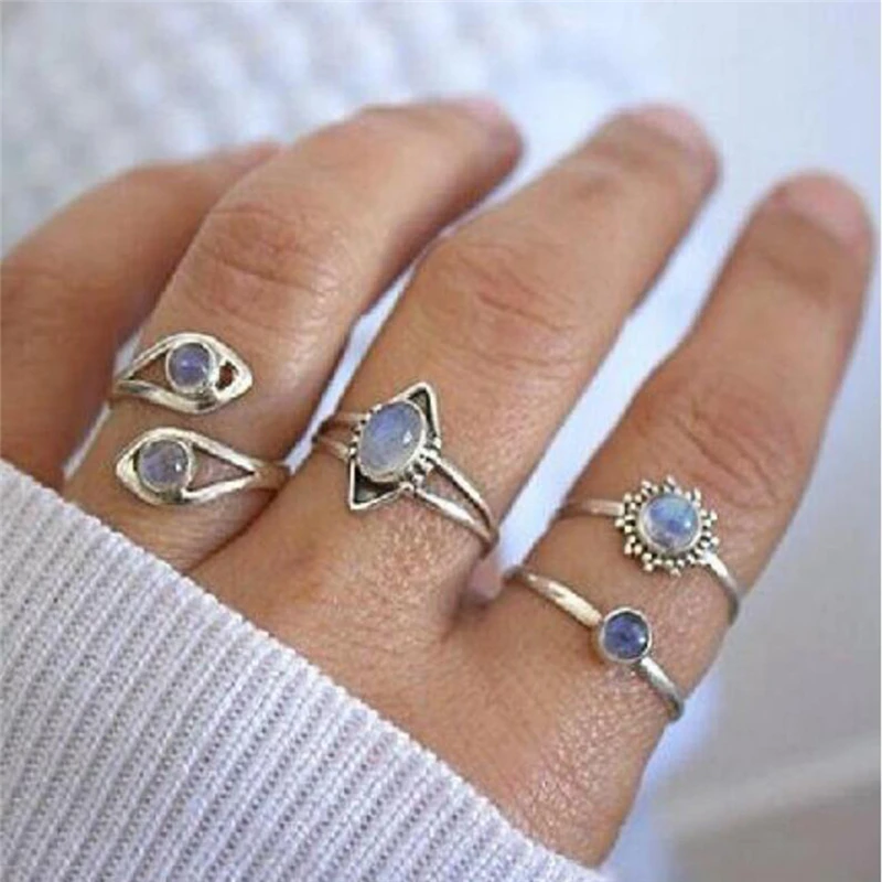 4PCS/Set 2019 New Antique Silver Color Turkish Evil Eye Rings for Women Moonstone Opal Stackable Knuckle Toe Rings Anillos
4PCS/Set 2019 New Antique Silver Color Turkish Evil Eye Rings for Women Moonstone Opal Stackable Knuckle Toe Rings Anillos
