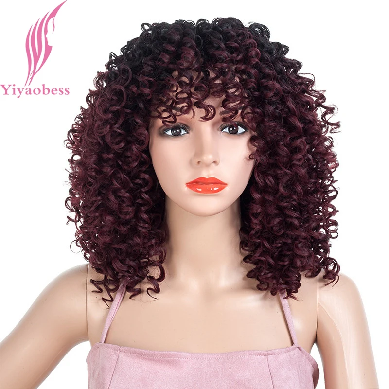 

Yiyaobess 18inch Synthetic Short Afro Kinky Curly Wig Black Wine Red Brown Ombre African American Wigs For Black Women